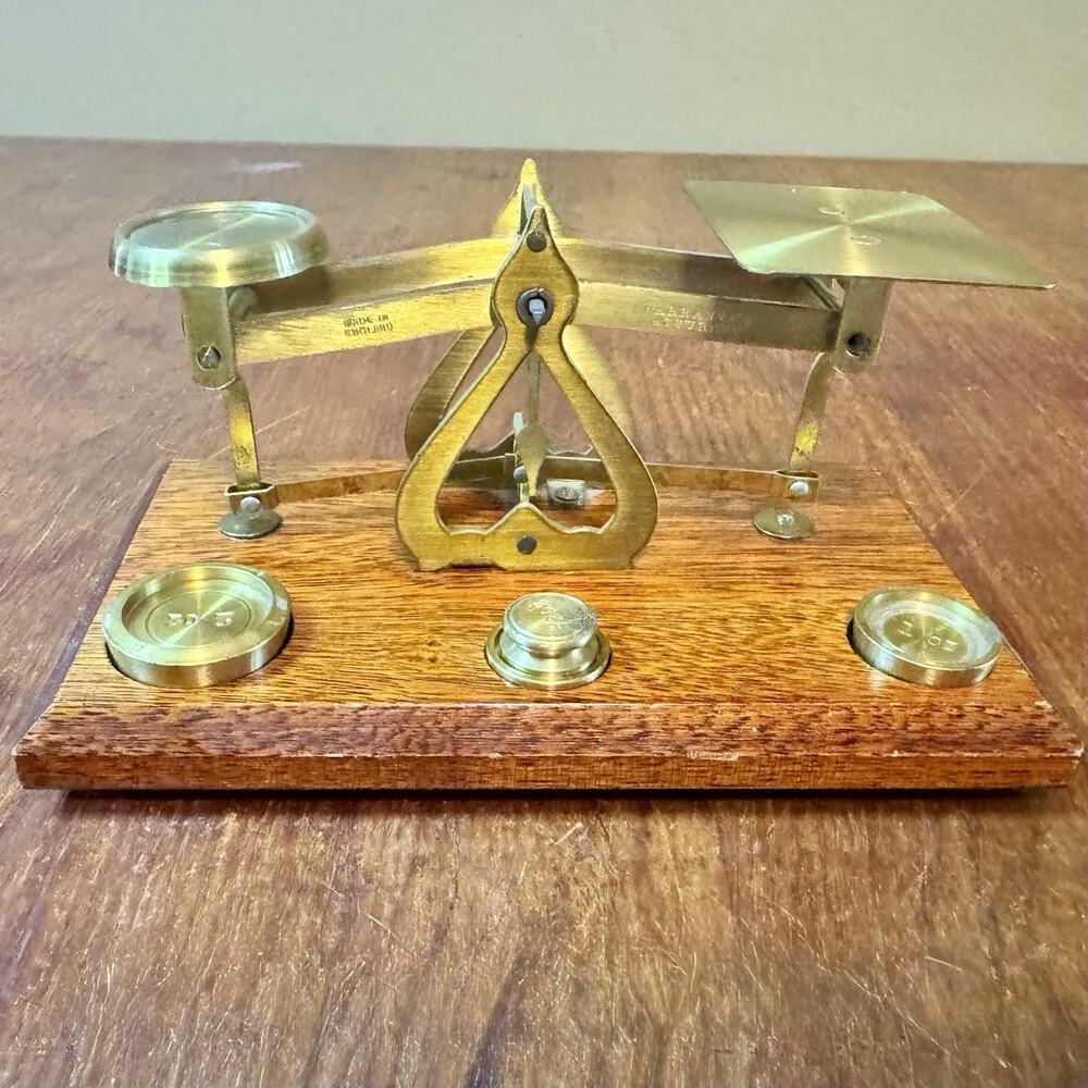 Antique Postal Scale Brass & Wood Base With Weights “Warranted Accurate” England